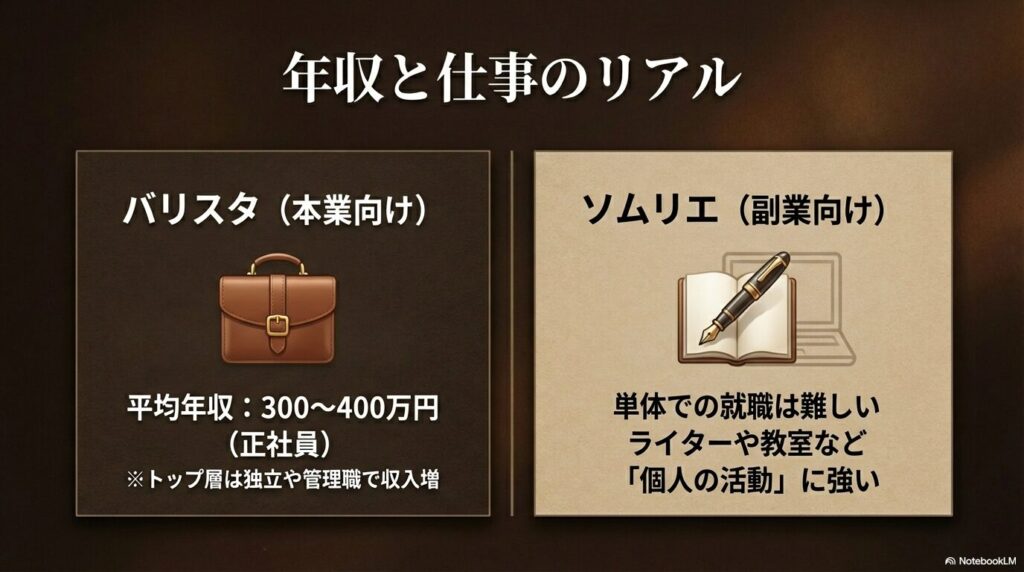 本業向けのバリスタ（平均年収300〜400万円）と、副業向けのコーヒーソムリエの収入と働き方の違いを示す図