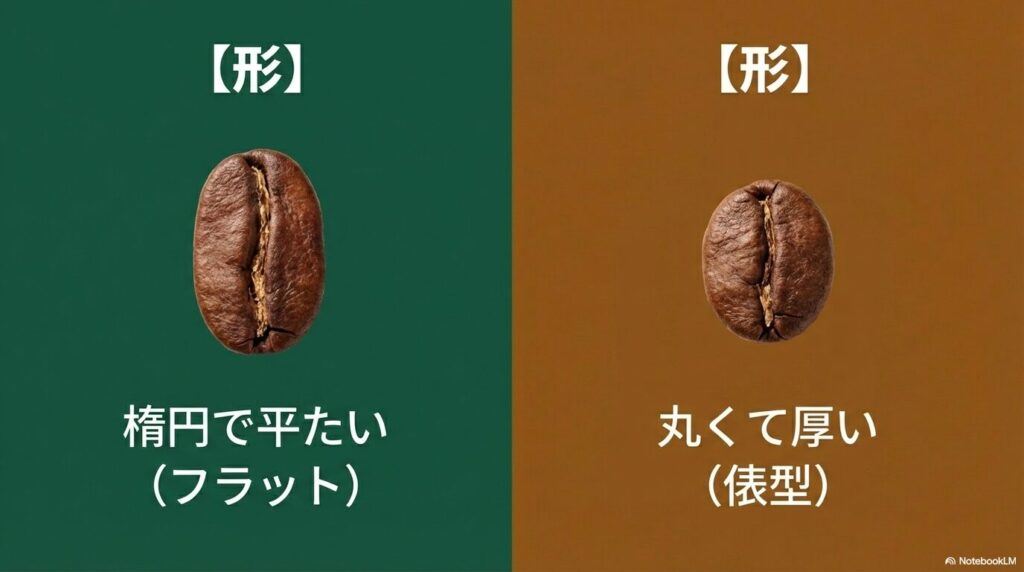 楕円形で平たい形状（フラットビーン）が特徴のアラビカ種のコーヒー豆