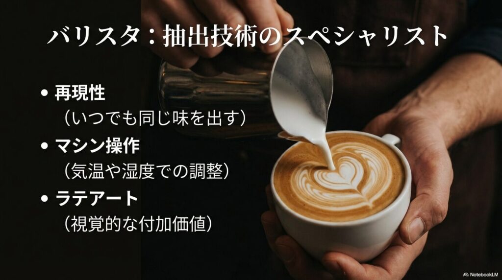 バリスタに必要な再現性のある抽出技術、マシン操作、ラテアートなどのスキルセット一覧