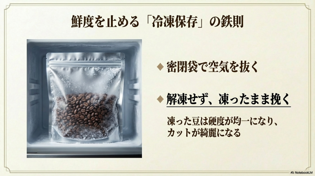 密閉袋で空気を抜き冷凍保存された豆と、解凍せずに凍ったまま挽くことのメリット解説
