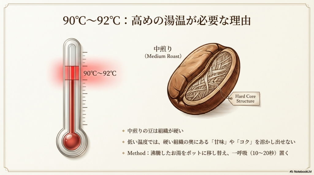 中煎り豆の硬い組織図と、90℃〜92℃の湯温が甘味とコクを溶かし出すために必要な理由の解説