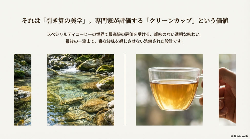 美しい清流の画像と、透明感のあるコーヒーカップ。雑味のないクリーンな味わいを視覚的に表現。