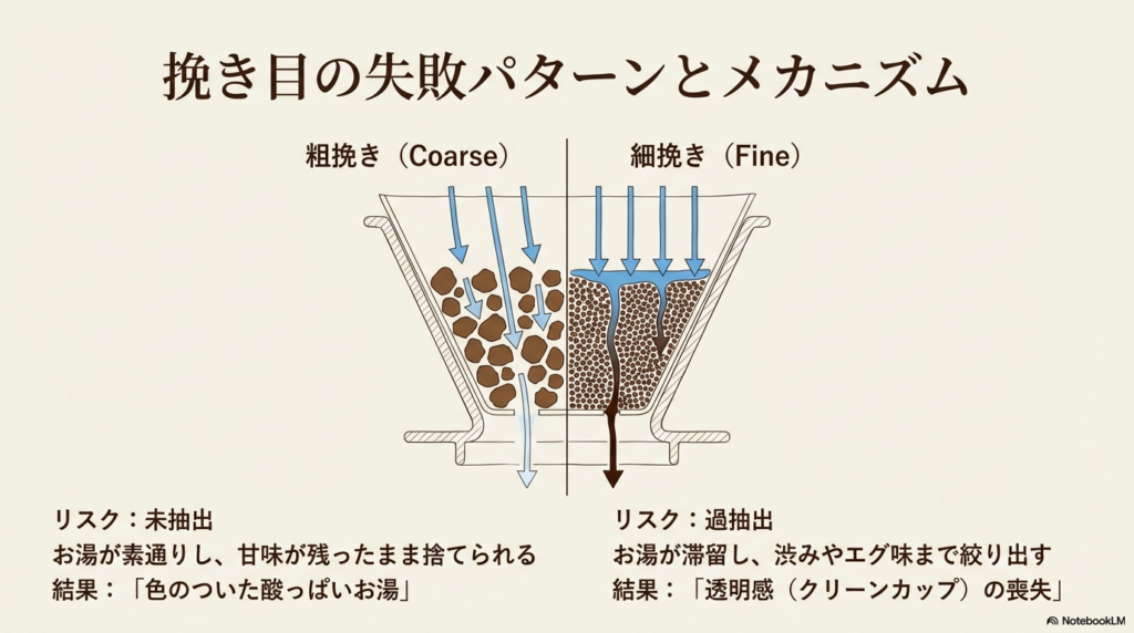 粗挽きによる未抽出（酸っぱいお湯）と細挽きによる過抽出（渋み・エグ味）のメカニズム図解
