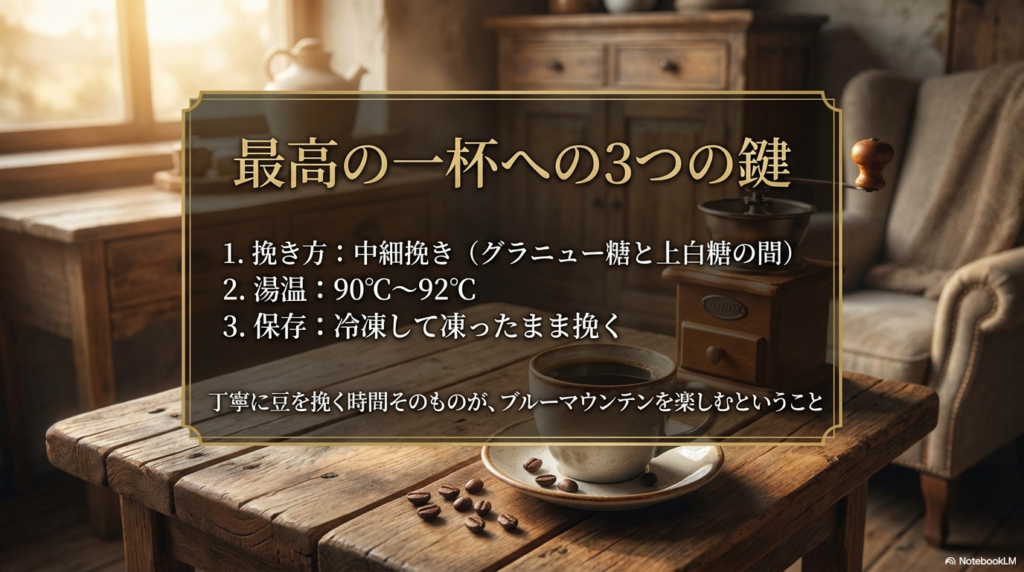 挽き方（中細挽き）、湯温（90℃〜92℃）、保存（冷凍）のまとめと、豆を挽く時間を楽しむメッセージ