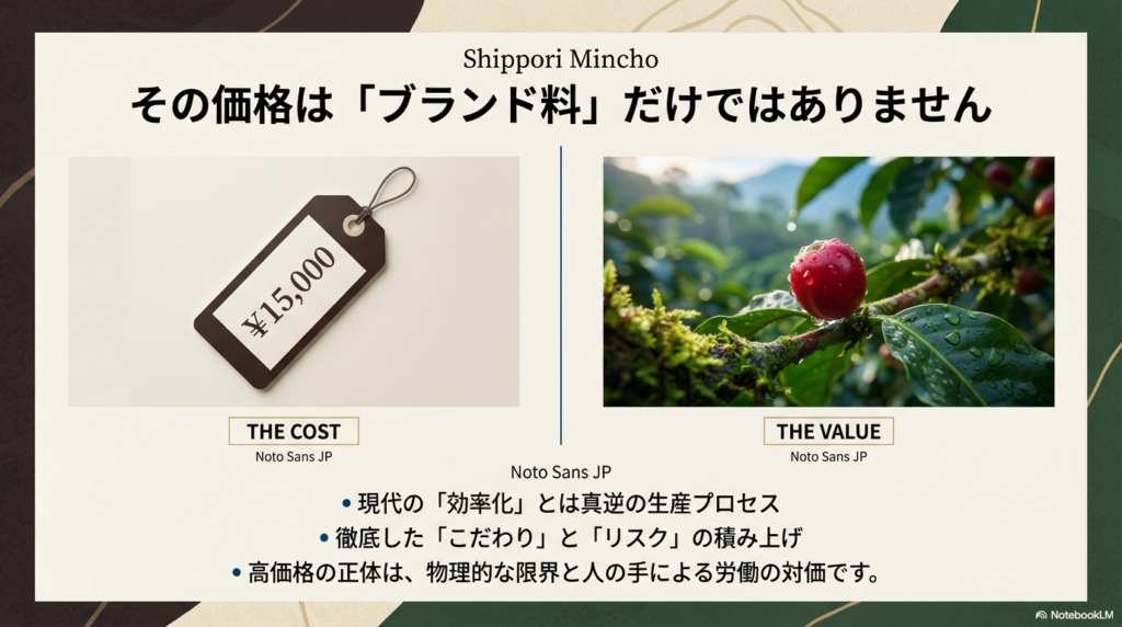 ブルーマウンテンコーヒーの高価格の正体が、物理的な限界と人の手による労働の対価であることを説明するスライド