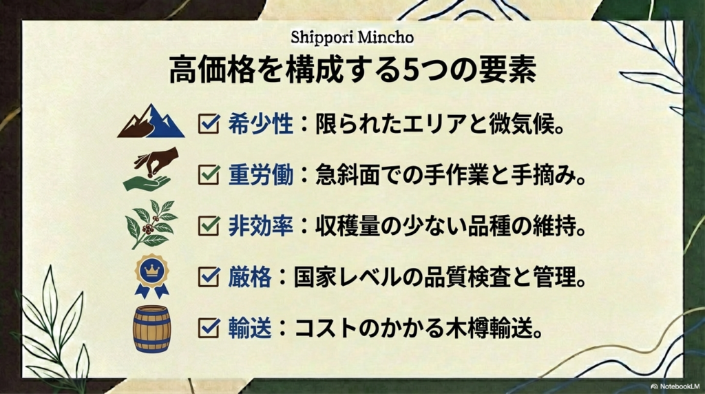 希少性、重労働、非効率、厳格な検査、特殊な輸送という高価格を構成する5つの要素をまとめた総括スライド