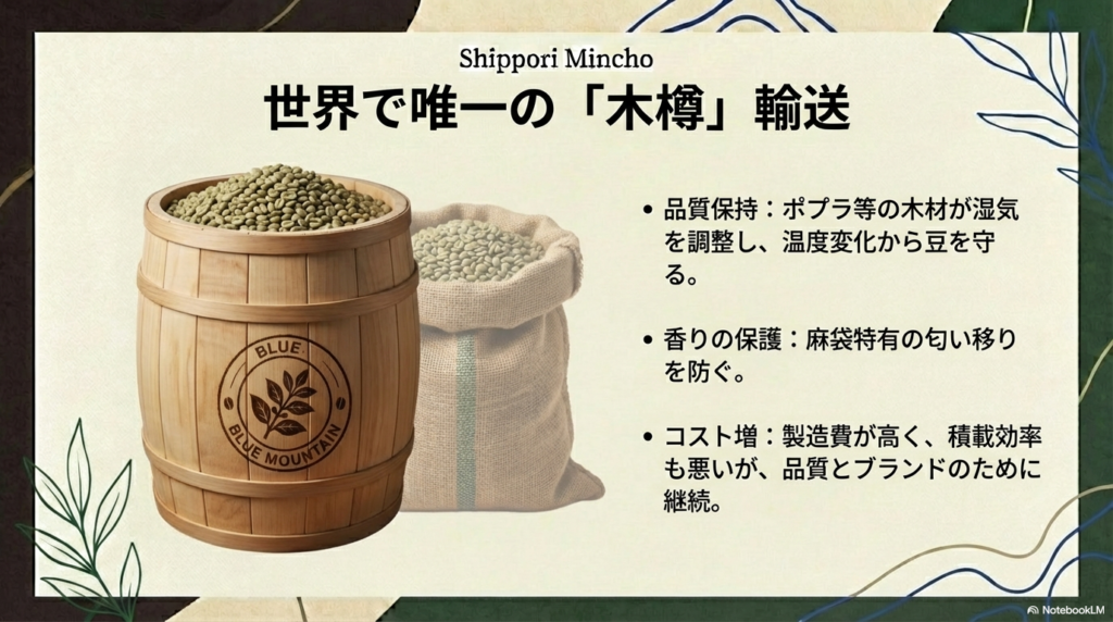 湿気調整や匂い移り防止のために高コストな木材樽を使用して輸送されるブルーマウンテンの特徴をまとめたスライド