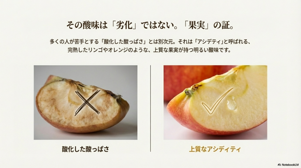 酸化して茶色くなったリンゴ（NG）と、瑞々しい新鮮な果実（OK）を比較し、ブルーマウンテンの酸味が果実由来であることを示す図。