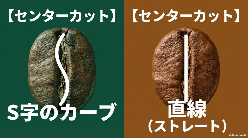 アラビカ種のS字カーブとロブスタ種の直線的なセンターカットの比較図解