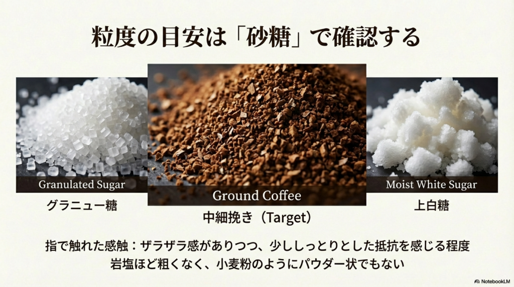 ブルーマウンテンの中細挽きの目安をグラニュー糖と上白糖の粒子サイズと比較した解説画像