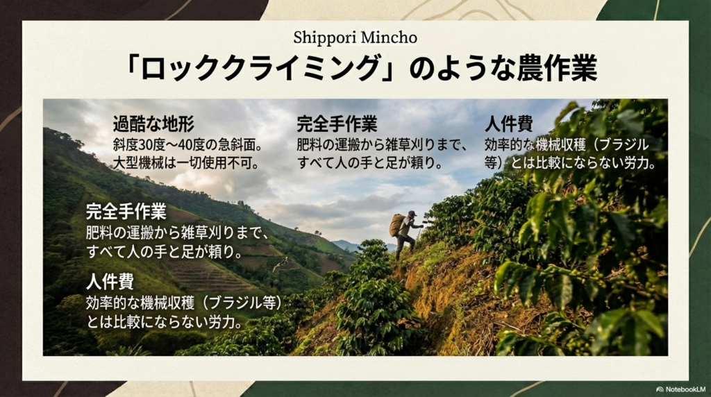 斜度30度から40度の急斜面で、大型機械を使わずすべて人の手で行われる過酷な農作業と人件費について説明するスライド