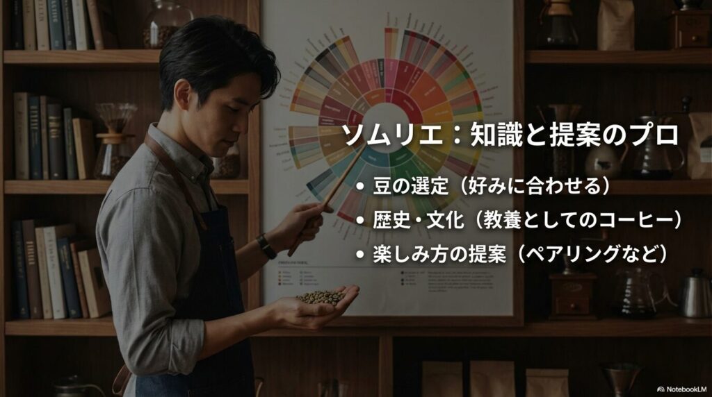 コーヒーソムリエに求められる豆の選定、歴史・文化の教養、楽しみ方の提案などの知識領域