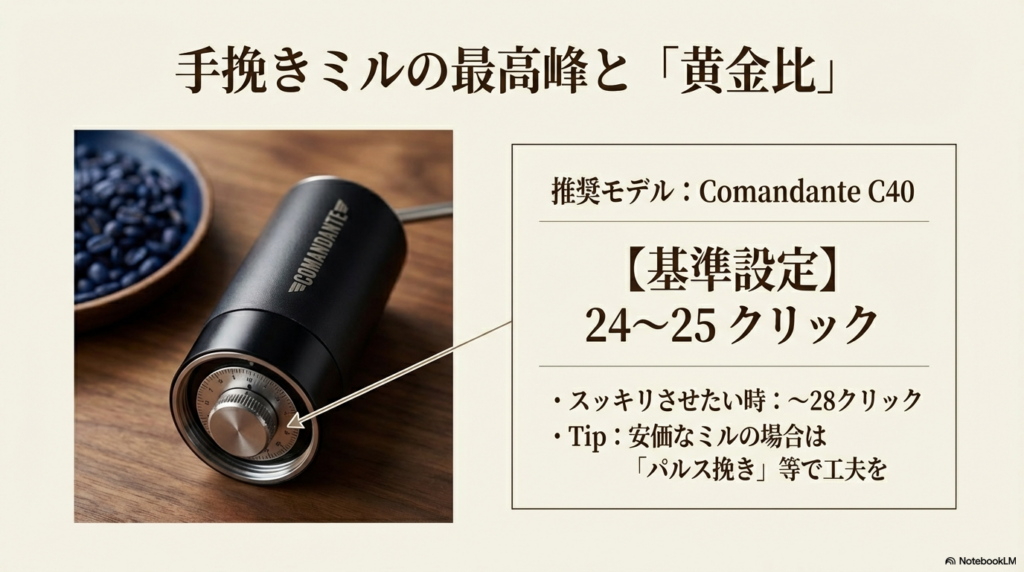 高級手挽きミル「コマンダンテC40」の底部ダイヤルと中細挽きの黄金比（24〜25クリック）の設定案内