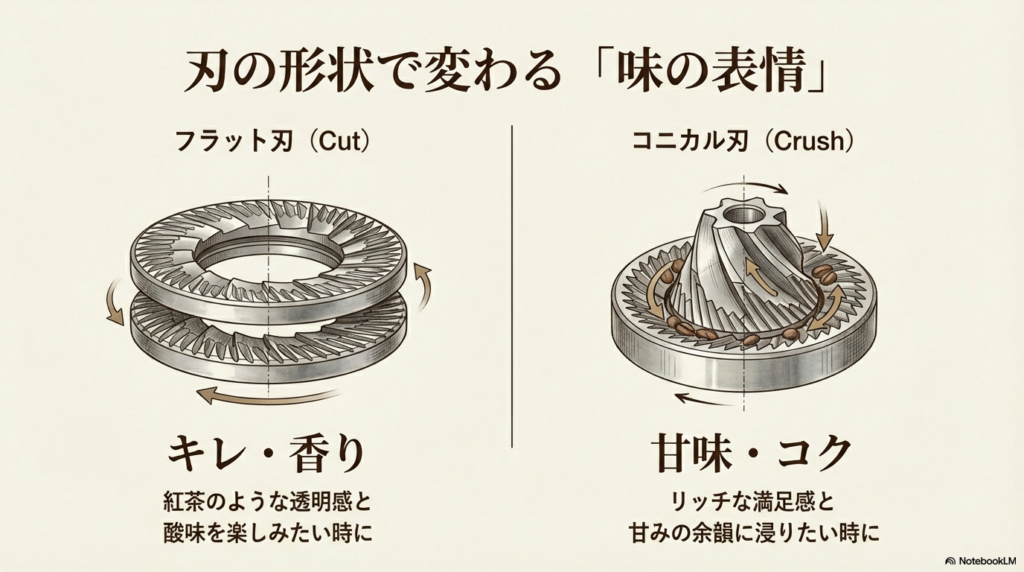 コーヒーミルのフラット刃（カット式）とコニカル刃（臼式）の構造図と、キレ重視か甘味重視かの味の傾向比較