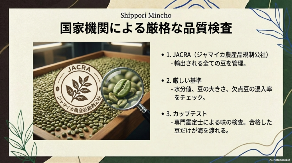 ジャマイカ農産品規制公社(JACRA)による、水分値や欠点豆、カップテストなどの厳しい輸出検査基準を示すスライド