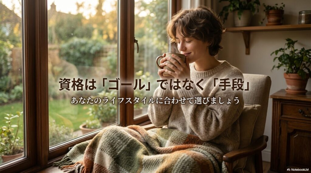 資格取得はゴールではなく手段であり、自分のライフスタイルに合わせて選ぶことが重要であるというメッセージ