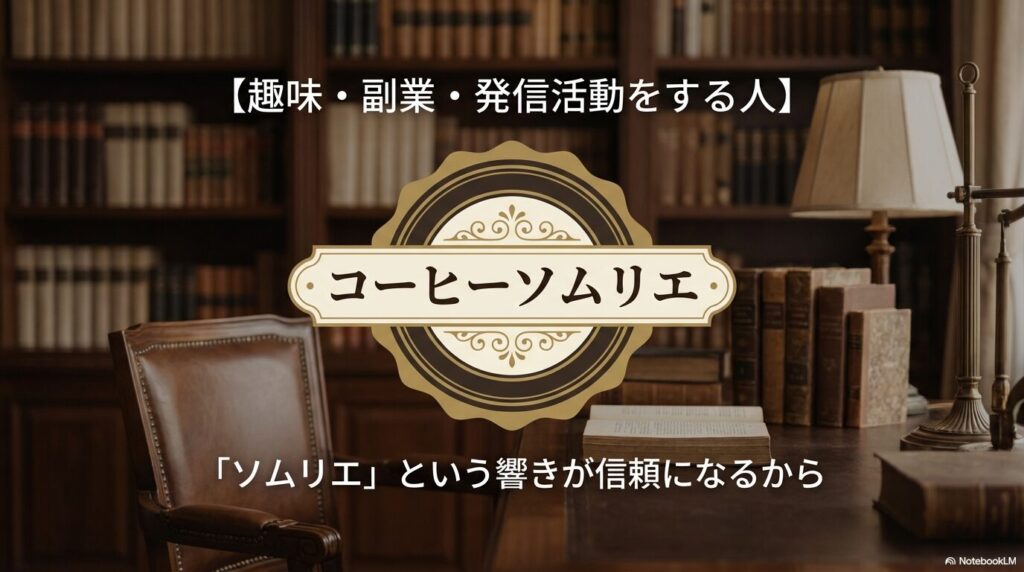 趣味、副業、発信活動をする人には信頼性につながるコーヒーソムリエ資格がおすすめであることを示すスライド