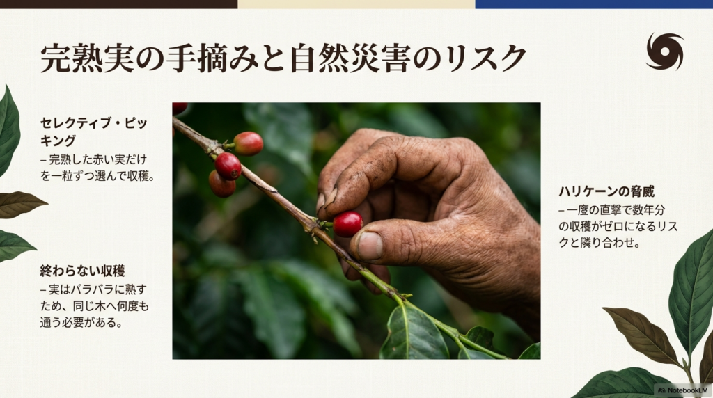 完熟した実だけを一粒ずつ選ぶ手摘み作業と、一度のハリケーン直撃で収穫がゼロになるリスクを解説したスライド