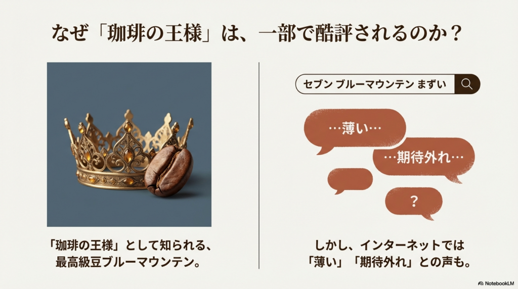 王冠の隣に置かれたコーヒー豆の画像。コーヒーの王様と称されるブルーマウンテンの象徴。