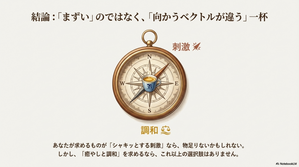 方位磁石の中央にセブンカフェのカップ。刺激を求めるのか、調和を求めるのか、向かうベクトルの違いを表現した図。