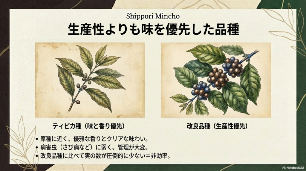 優雅な香りとクリアな味わいを持つ一方で、病害虫に弱く収穫量が少ない「ティピカ種」の特性を改良品種と比較したスライド