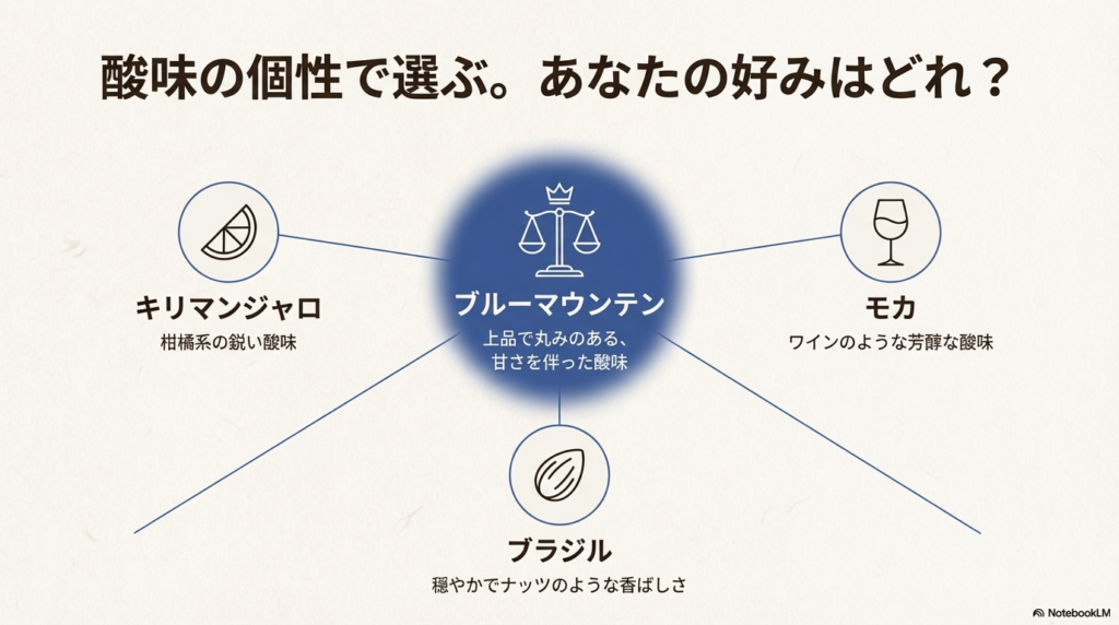 ブルーマウンテン・キリマンジャロ・モカ・ブラジルの酸味と特徴の比較マップ