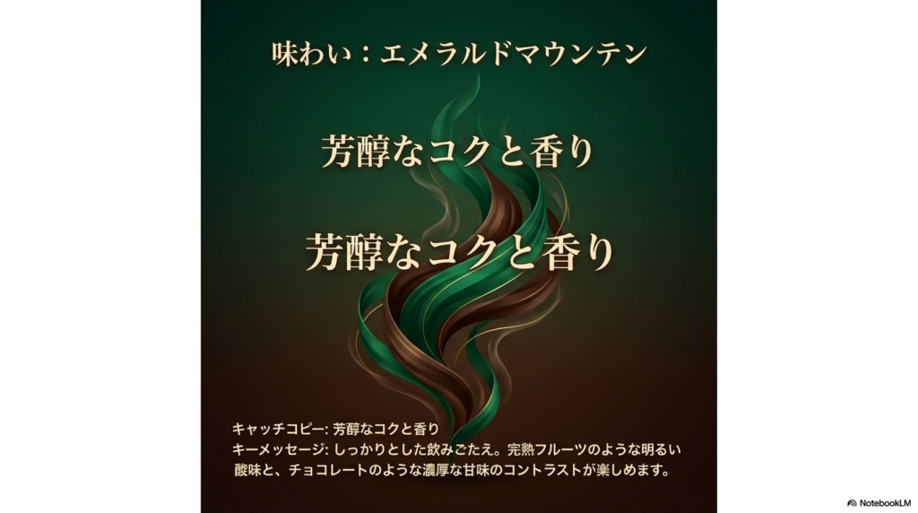完熟フルーツの酸味とチョコレートのような甘味を持つエメラルドマウンテンの芳醇なコクを示すイメージ図