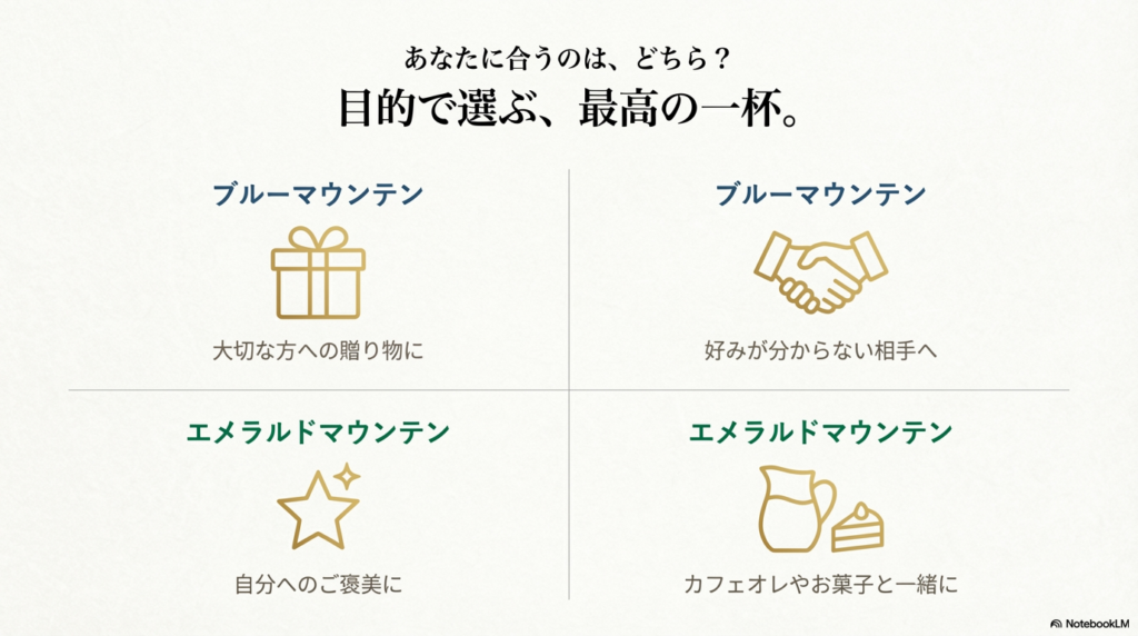 贈答用や自分へのご褒美など、目的別にブルーマウンテンとエメラルドマウンテンのどちらを選ぶべきかまとめた表