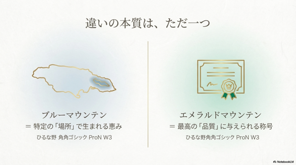 ブルーマウンテンは「特定の場所」、エメラルドマウンテンは「最高の品質」であることを示す比較図