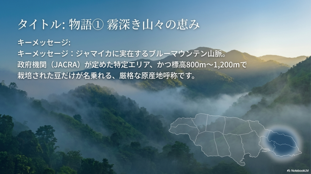 ジャマイカのブルーマウンテン山脈における標高800m〜1,200mの指定エリアとJACRAの認定基準