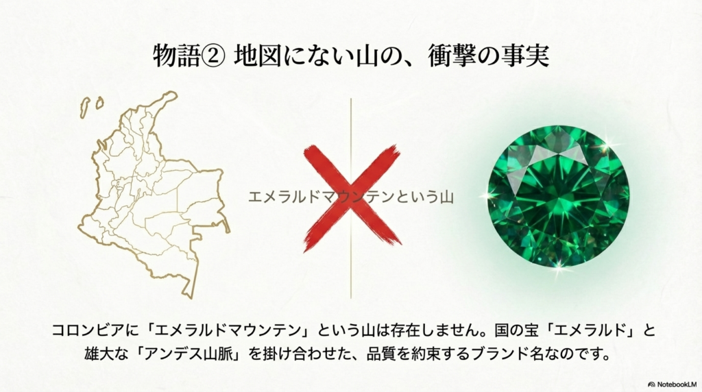 コロンビアの地図上に「エメラルドマウンテン」という山がないことを示す図と、宝石エメラルドとアンデス山脈の由来