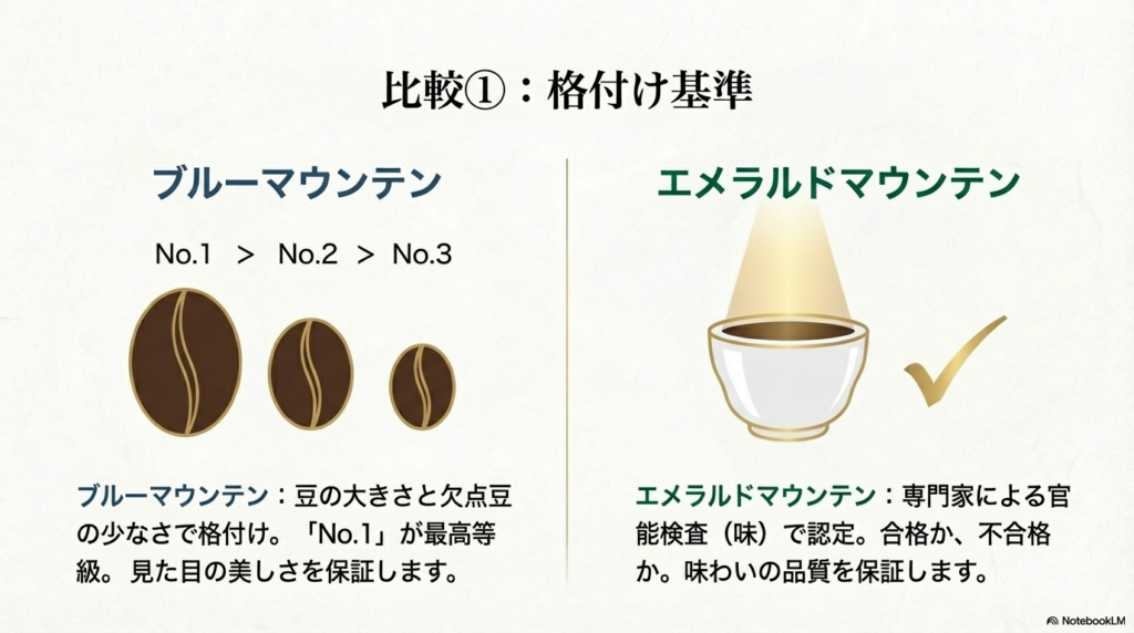 ブルーマウンテンは豆の大きさ（No.1）、エメラルドマウンテンは官能検査による認定で格付けされる様子の比較図
