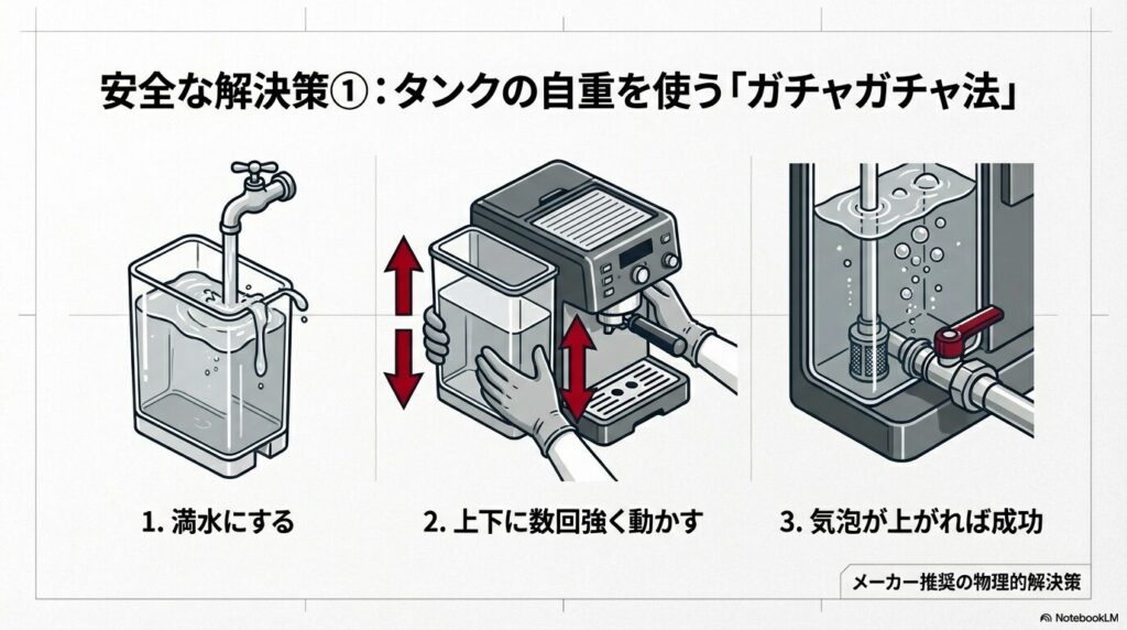 給水タンクを上下に動かして空気噛みを解消するガチャガチャ法の手順