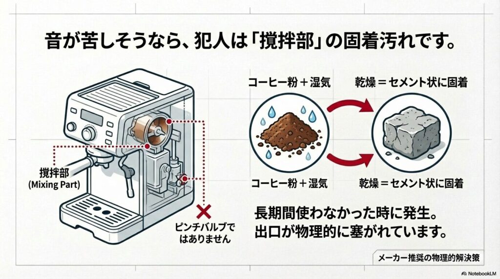 バリスタの撹拌部でコーヒー粉が湿気で固着し詰まる原因の図解