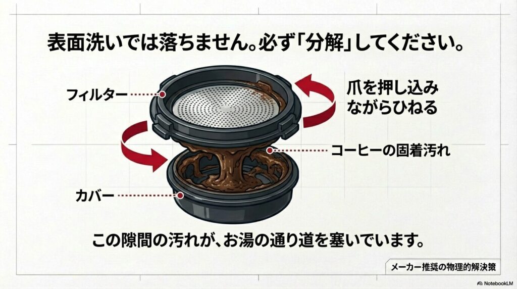 バリスタの撹拌部をフィルターとカバーに分解する正しい手順