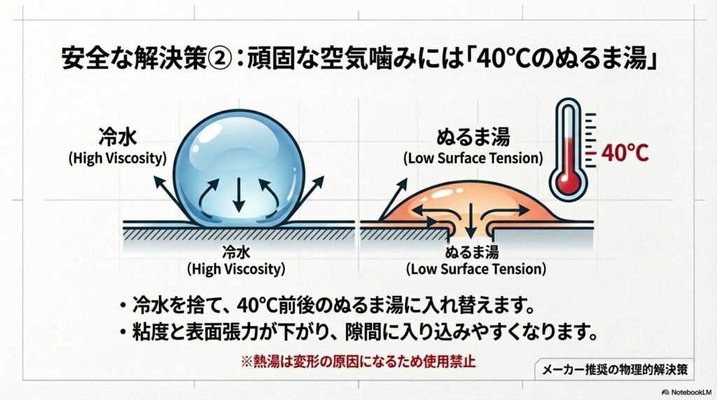 40度のぬるま湯を使ってポンプの粘度と表面張力を下げる仕組み