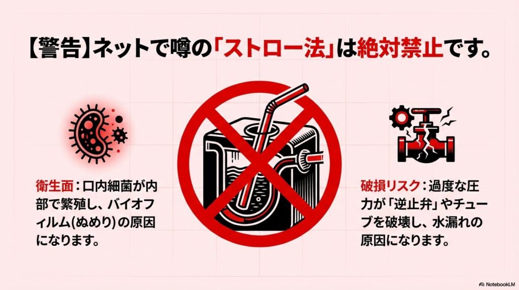 バリスタのストロー法による雑菌混入と内部破損のリスク警告図