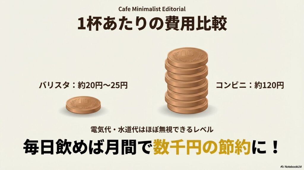バリスタ1杯約20円とコンビニコーヒーのコスト比較イラスト