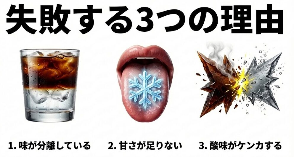 エスプレッソソーダ作りで失敗する3つの理由(味の分離、甘さ不足、酸味の衝突)