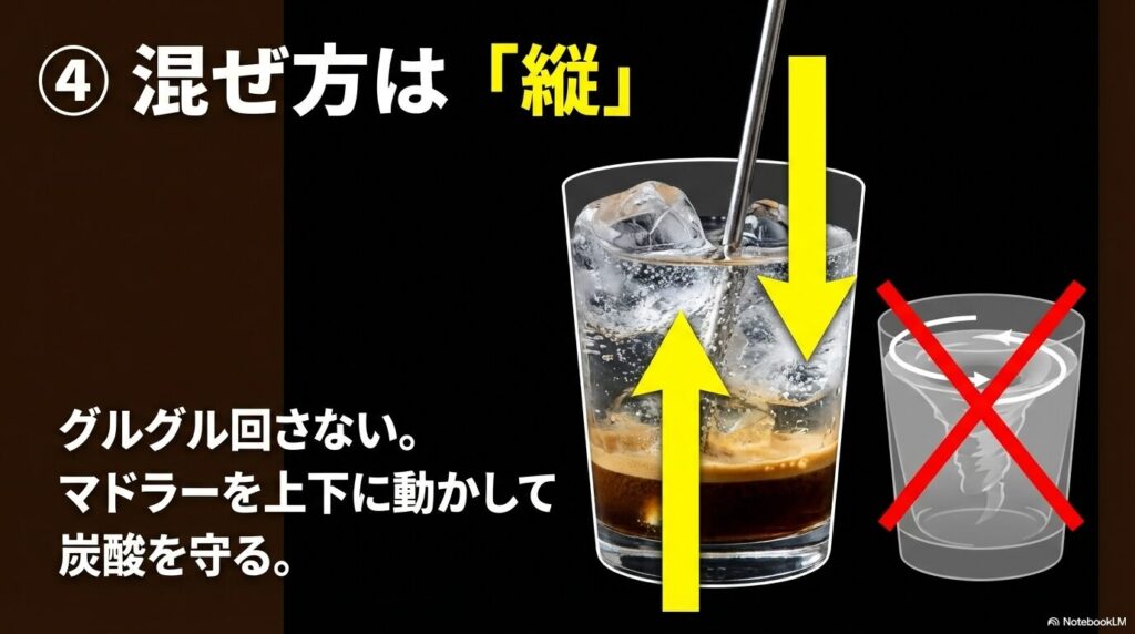 炭酸を抜かない縦のステア(混ぜ方)のテクニック