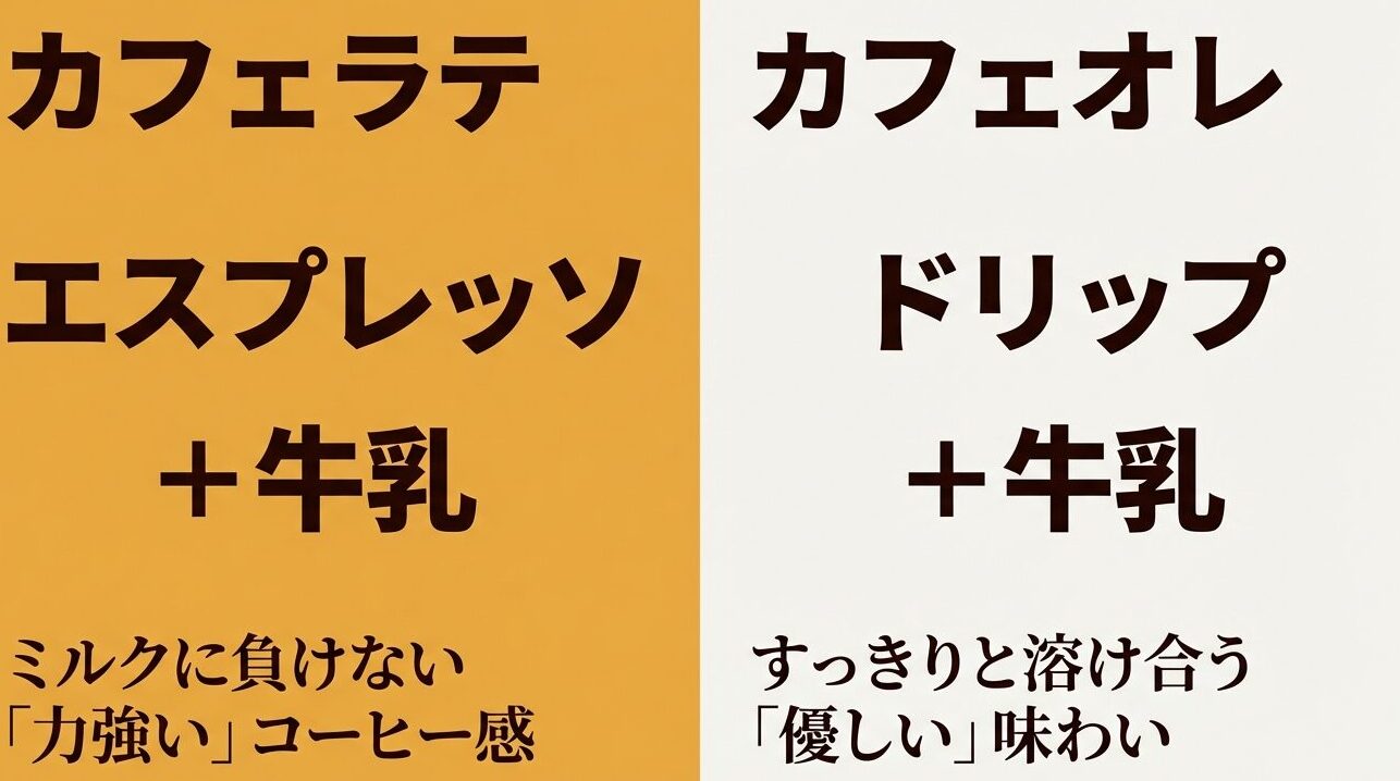 エスプレッソベースのカフェラテ（力強いコーヒー感）と、ドリップベースのカフェオレ（優しい味わい）の違いを示す図解