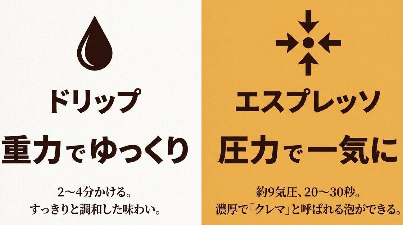 ドリップ（重力・2〜4分）とエスプレッソ（圧力・20〜30秒）の抽出方法と味わいの違いを比較した図解