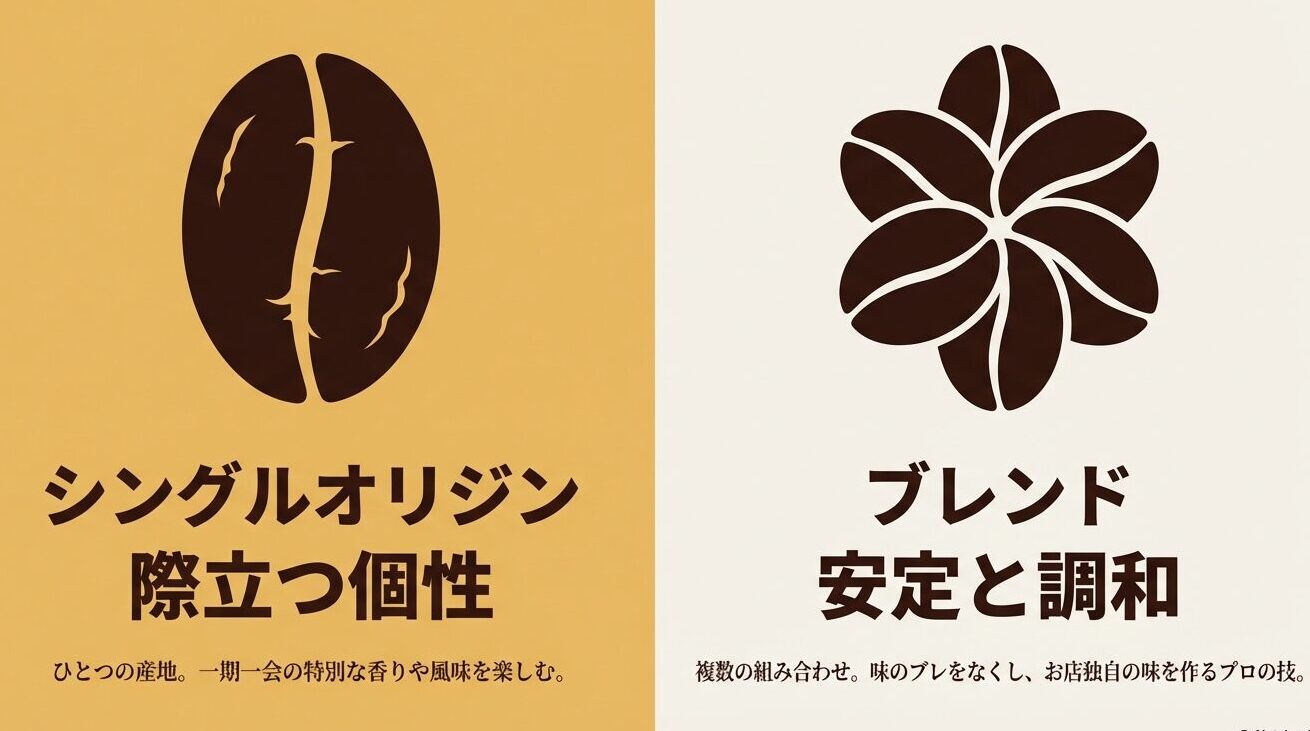 個性を楽しむシングルオリジンと、安定と調和を追求するブレンドの違いを示した図解